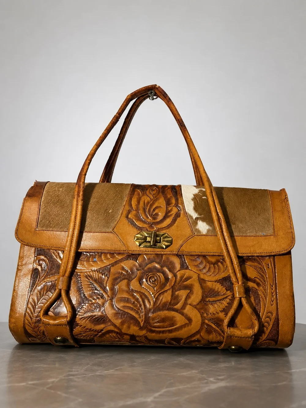 Vintage Handmade Real Calf Hair Leather Purse Bag Floral Mexico Boho Western